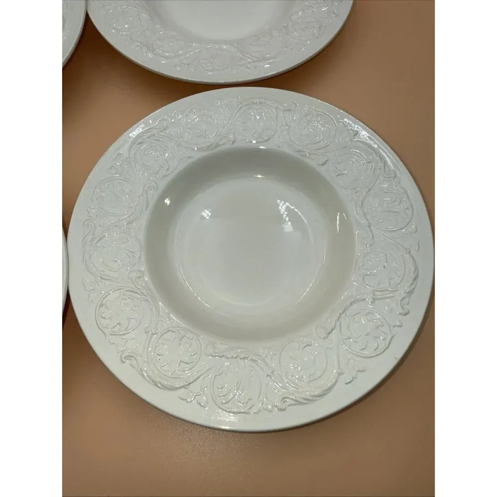 Wedgwood Patrician Rimmed Flat Soup Bowls Ivory Embossed Floral Pattern Set of 4